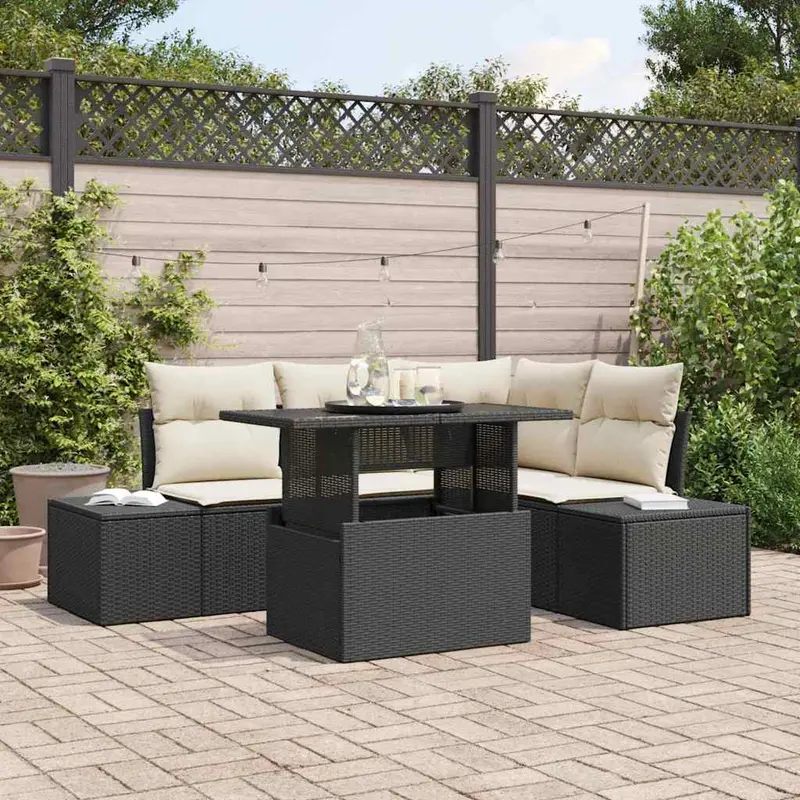 Conjunto de sofá de jardín 5 pcs Negro ratán sintético