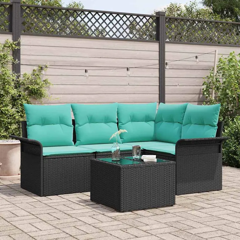 Conjunto de sofá de jardín 5 pcs Negro ratán sintético