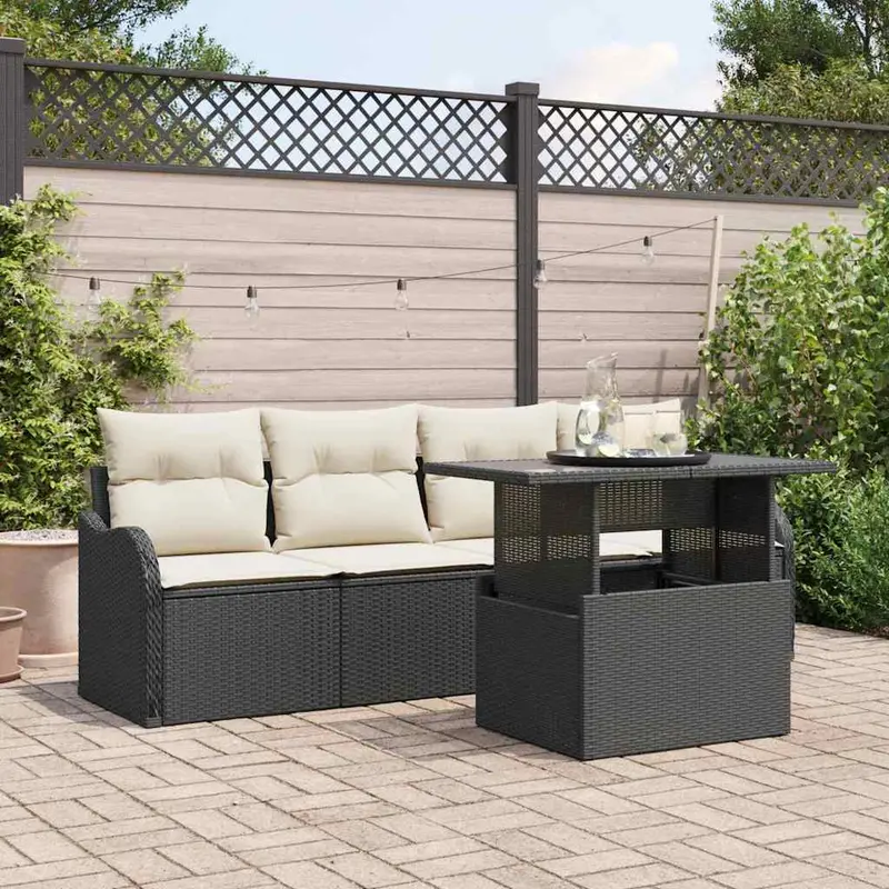 Conjunto de sofá de jardín 5 pcs Negro Rattan de Poliéster