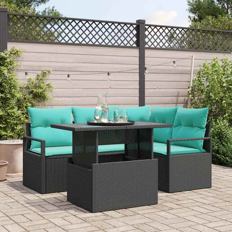 Conjunto de sofá de jardín 5 pcs Negro y azul ratán sintético