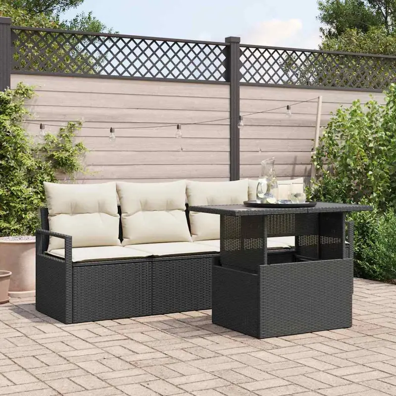 Conjunto de sofá de jardín 5 pcs Negro y crema ratán sintético