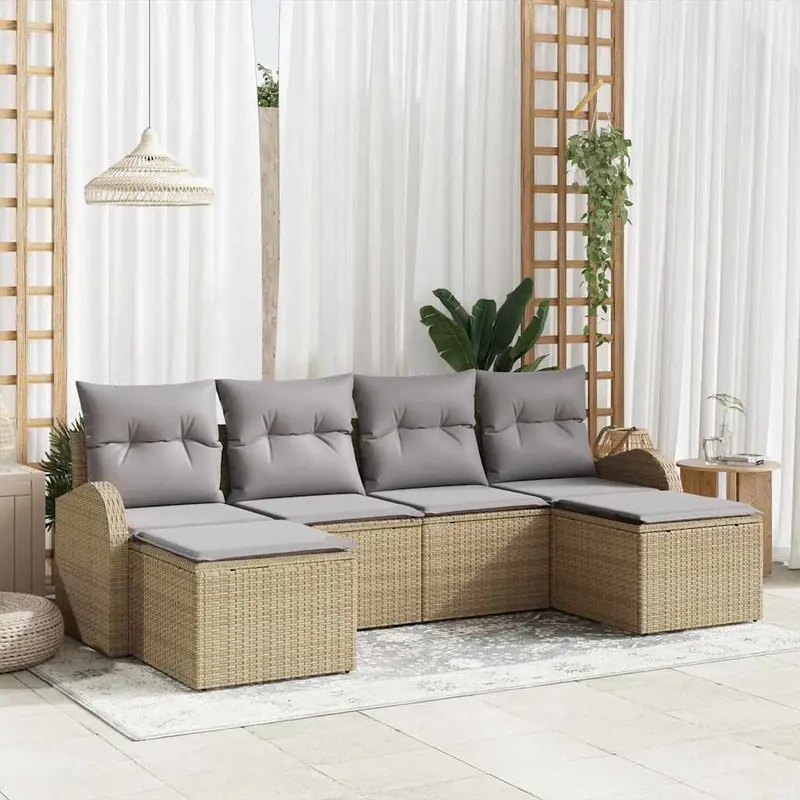 Conjunto de sofá de jardín 6 pcs Beige Rattan de Poliéster
