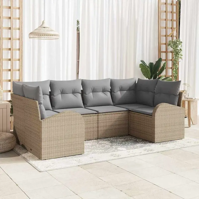 Conjunto de sofá de jardín 6 pcs Beige Rattan de Poliéster
