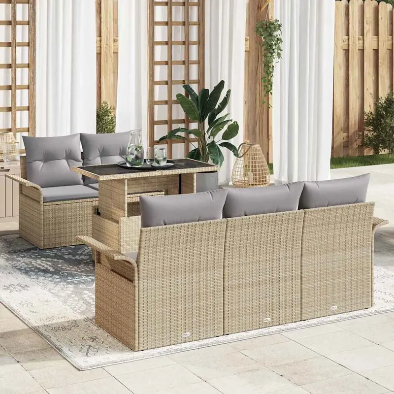 Conjunto de sofá de jardín 6 pcs Beige Rattan de Poliéster