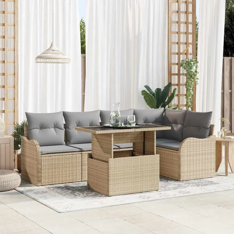 Conjunto de sofá de jardín 6 pcs Beige Rattan de Poliéster