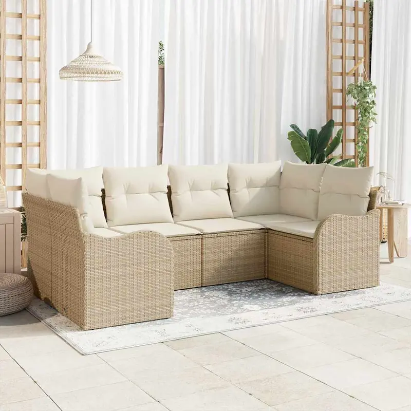 Conjunto de sofá de jardín 6 pcs Beige y blanco Poliratán