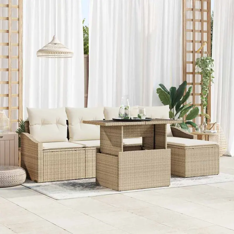 Conjunto de sofá de jardín 6 pcs Beige y Crema ratán sintético