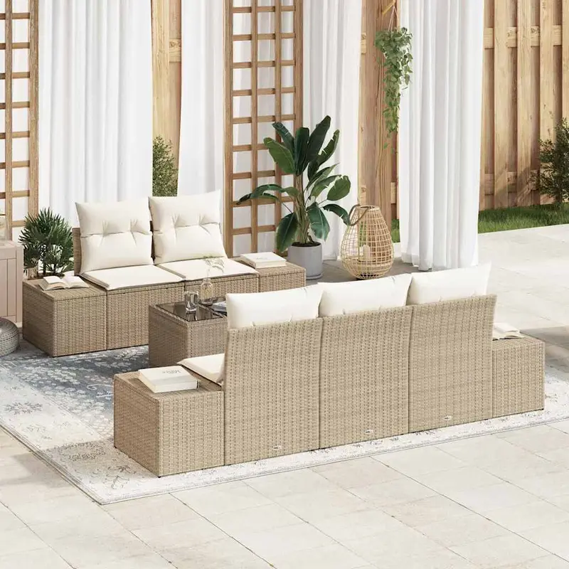 Conjunto de sofá de jardín 6 pcs Beige y Crema ratán sintético