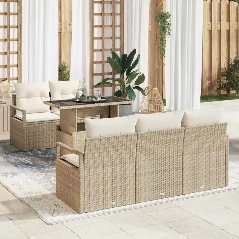 Conjunto de sofá de jardín 6 pcs Beige y Crema ratán sintético