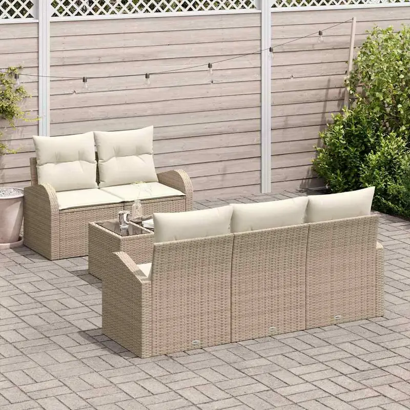 Conjunto de sofá de jardín 6 pcs Beige y Crema ratán sintético