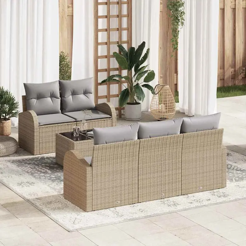 Conjunto de sofá de jardín 6 pcs Beige y gris ratán sintético