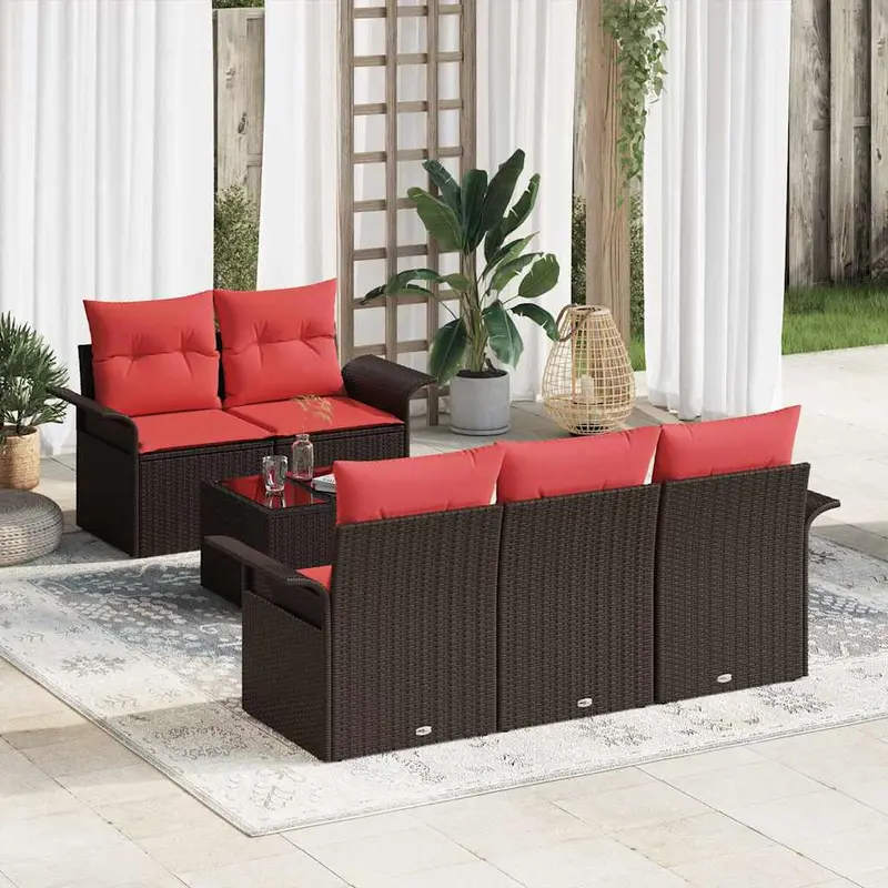 Conjunto de sofá de jardín 6 pcs Beige y Rojo ratán sintético