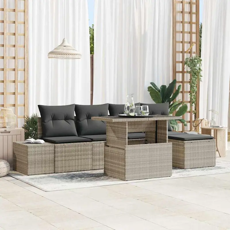 Conjunto de sofá de jardín 6 pcs Gris Claro ratán sintético