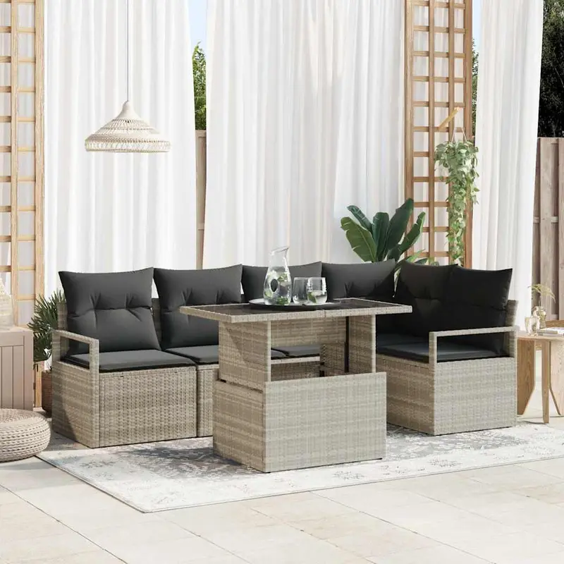 Conjunto de sofá de jardín 6 pcs Gris Claro ratán sintético