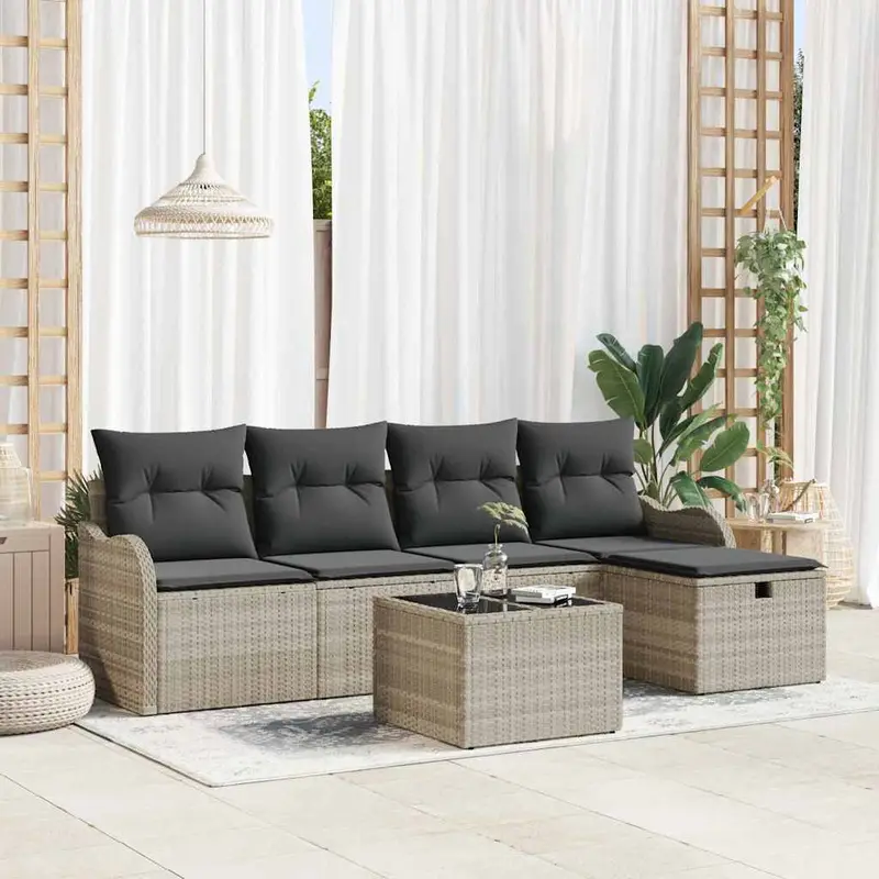 Conjunto de sofá de jardín 6 pcs Gris Claro ratán sintético