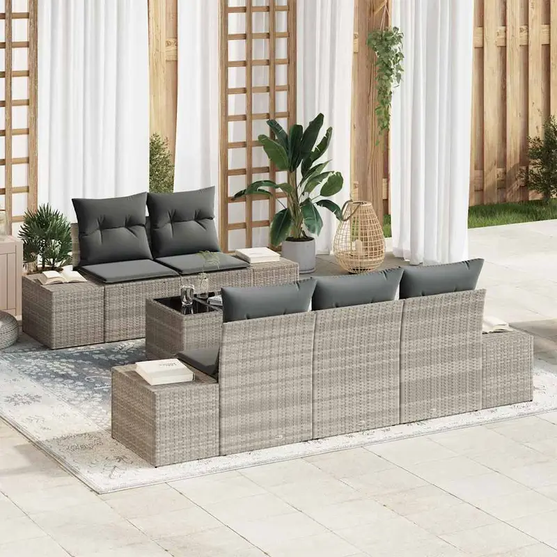 Conjunto de sofá de jardín 6 pcs Gris Claro ratán sintético