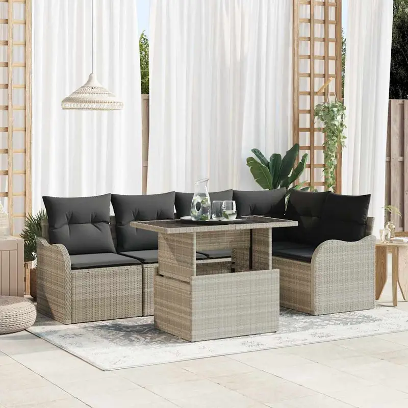 Conjunto de sofá de jardín 6 pcs Gris Claro Rattan de Poliéster