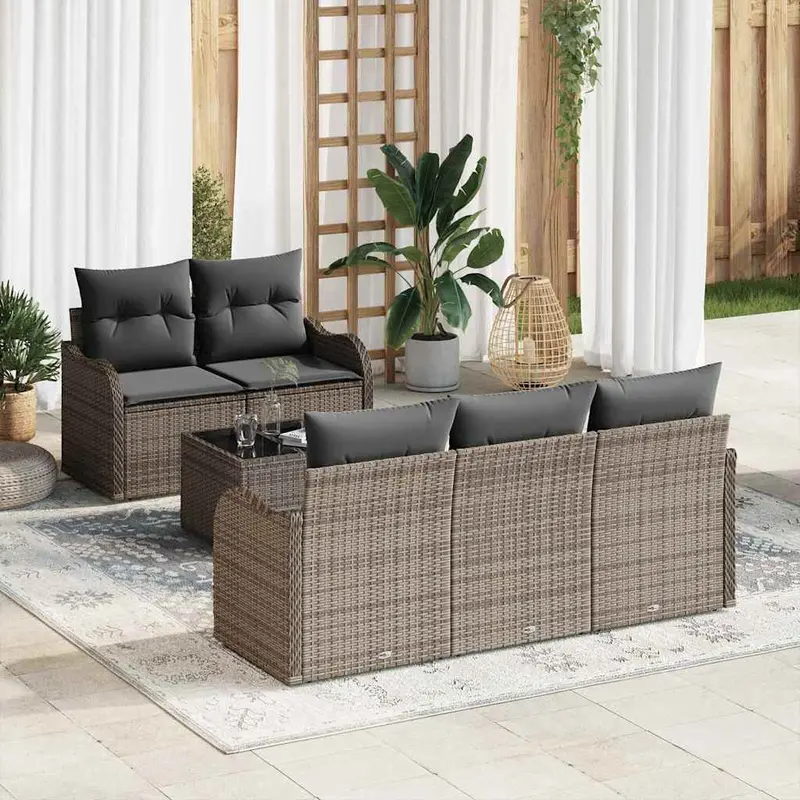 Conjunto de sofá de jardín 6 pcs Gris Poliratán, Acero y Vidrio