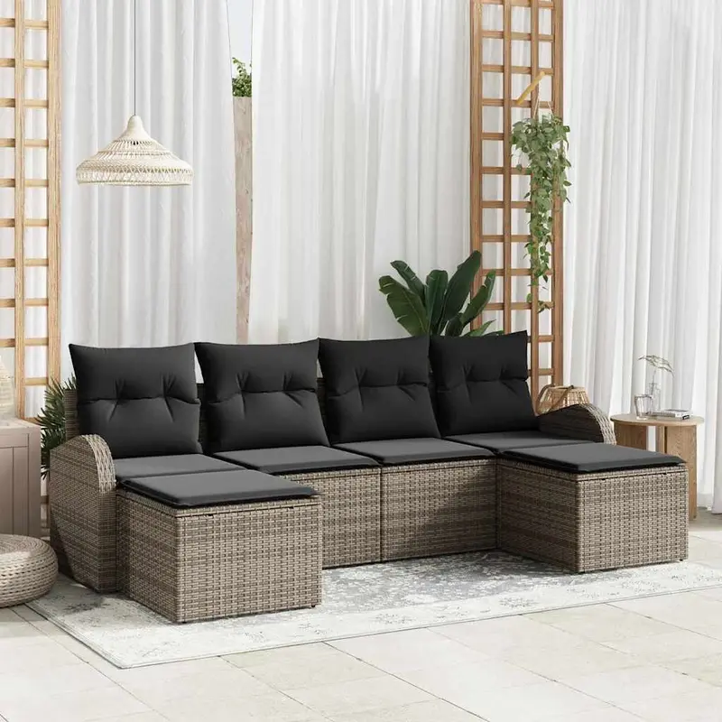 Conjunto de sofá de jardín 6 pcs Gris Rattan de Poliéster