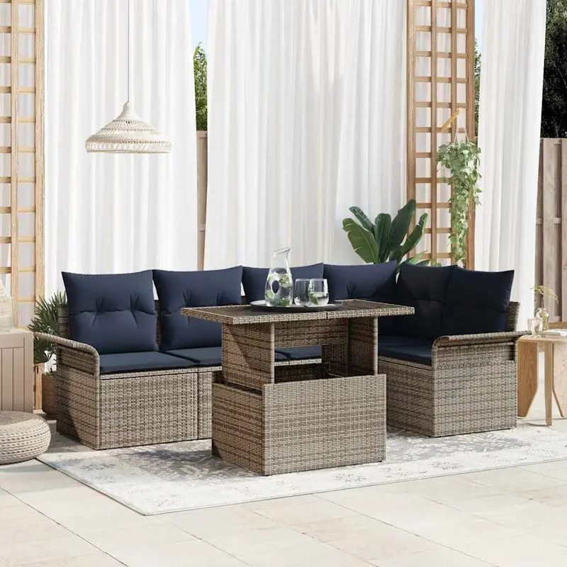 Conjunto de sofá de jardín 6 pcs Gris Rattan de Poliéster