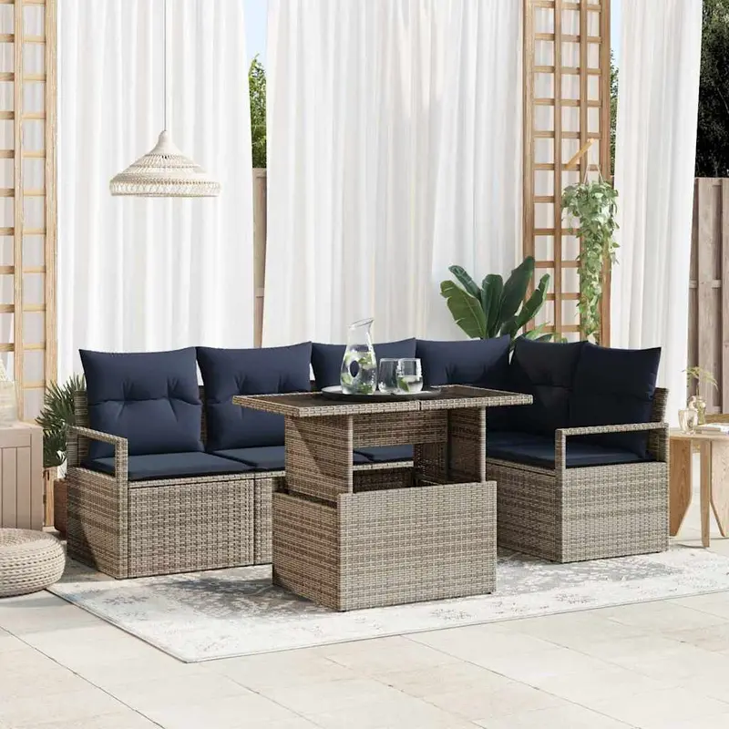 Conjunto de sofá de jardín 6 pcs Gris y azul marino