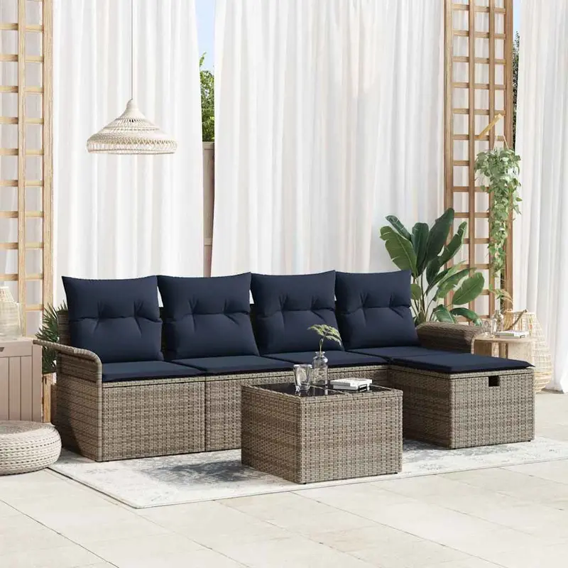Conjunto de sofá de jardín 6 pcs Gris y marino ratán sintético