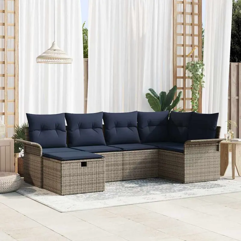 Conjunto de sofá de jardín 6 pcs Gris y marino ratán sintético