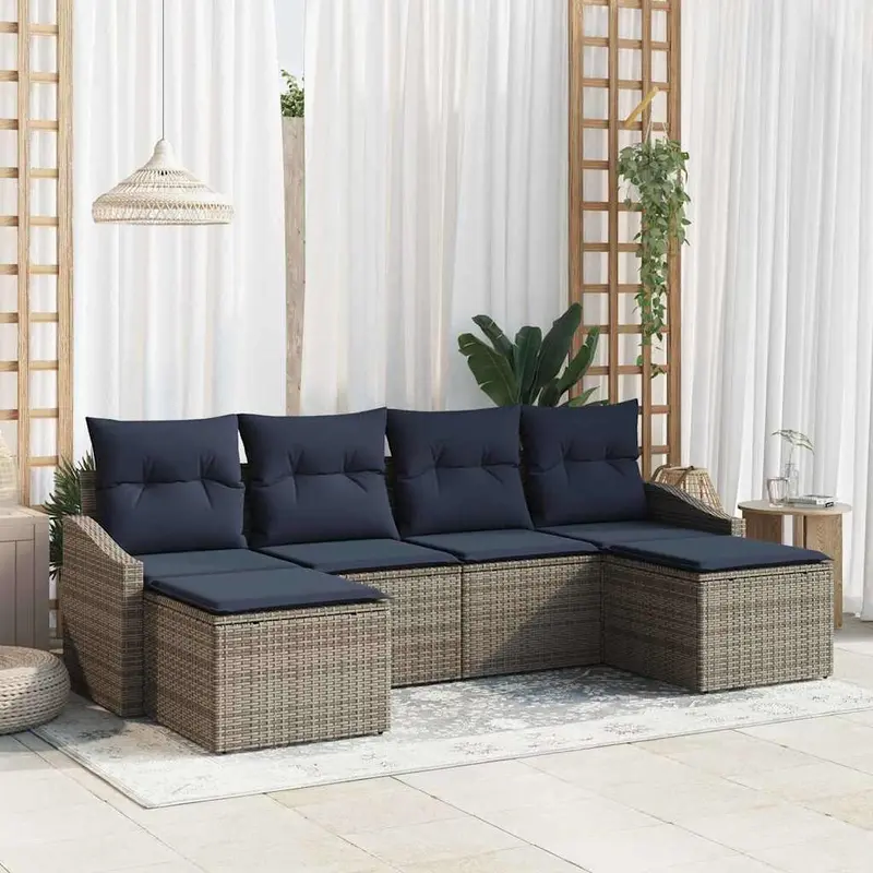 Conjunto de sofá de jardín 6 pcs Gris y marino ratán sintético