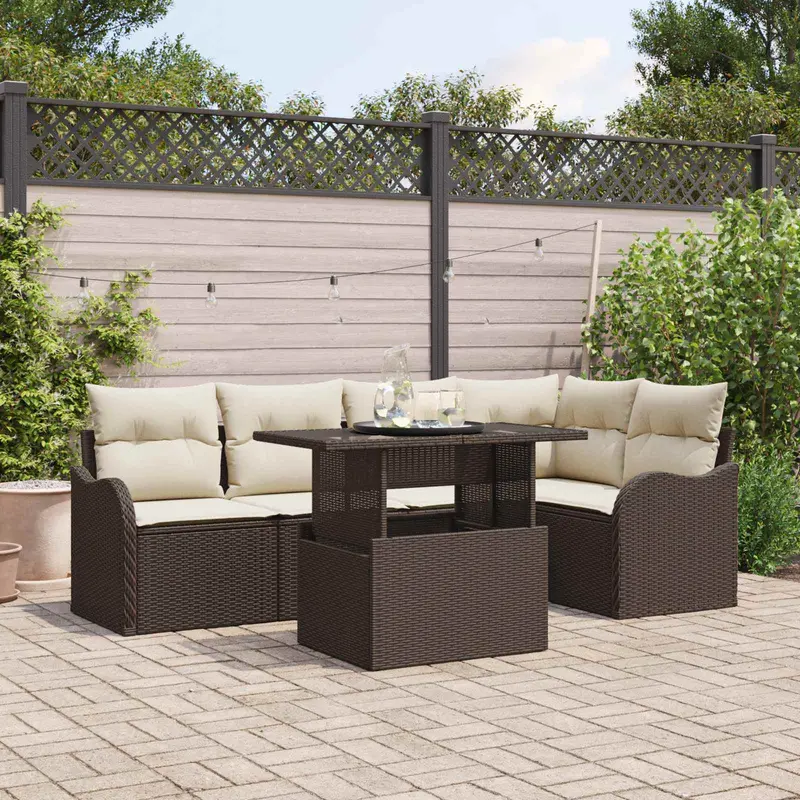 Conjunto de sofá de jardín 6 pcs Marrón Rattan de Poliéster