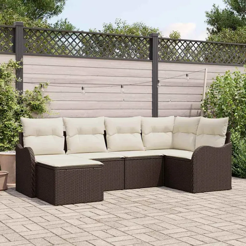 Conjunto de sofá de jardín 6 pcs Marrón y blanco Poliratán