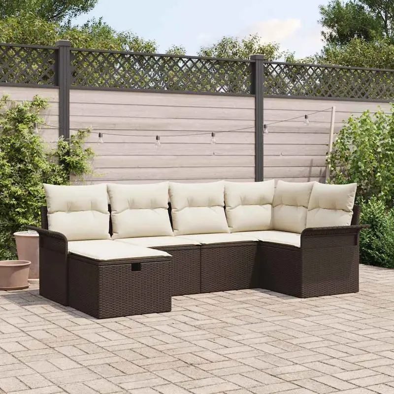 Conjunto de sofá de jardín 6 pcs Marrón y crema ratán sintético