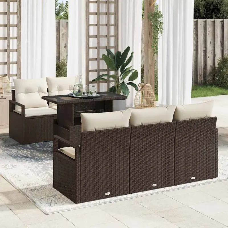 Conjunto de sofá de jardín 6 pcs Marrón y crema ratán sintético