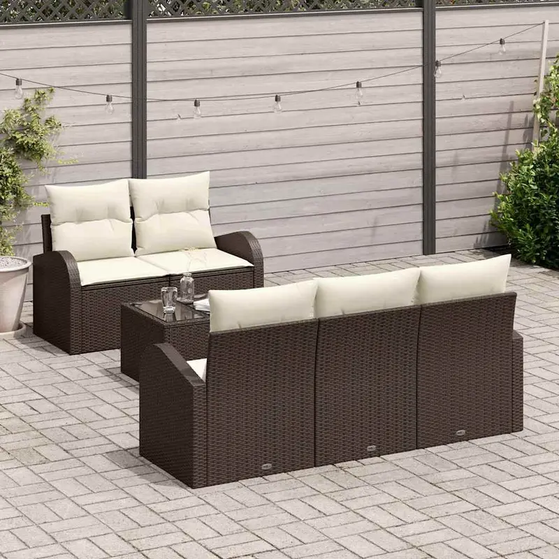 Conjunto de sofá de jardín 6 pcs Marrón y crema ratán sintético