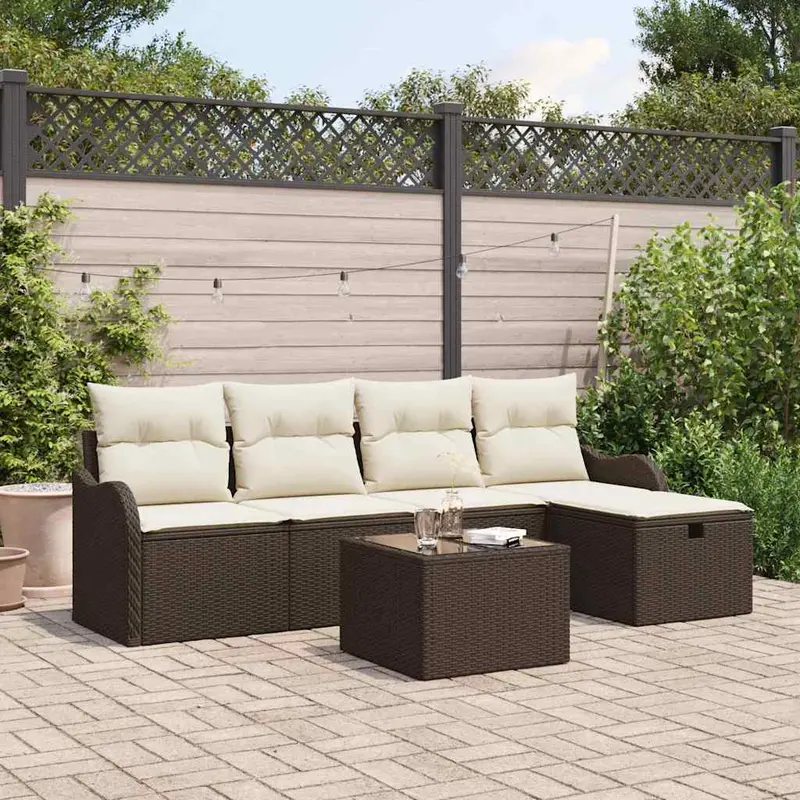 Conjunto de sofá de jardín 6 pcs Marrón y crema ratán sintético