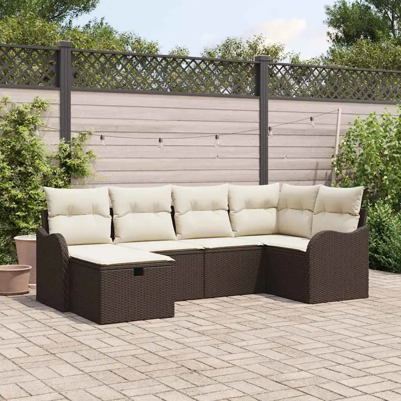 Conjunto de sofá de jardín 6 pcs Marrón y crema ratán sintético