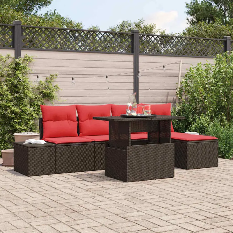 Conjunto de sofá de jardín 6 pcs Marrón y Rojo ratán sintético