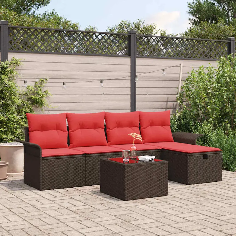 Conjunto de sofá de jardín 6 pcs Marrón y Rojo ratán sintético