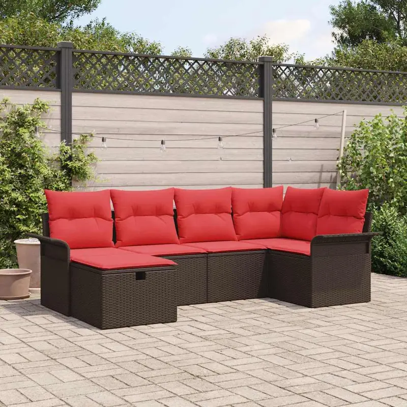 Conjunto de sofá de jardín 6 pcs Marrón y Rojo ratán sintético
