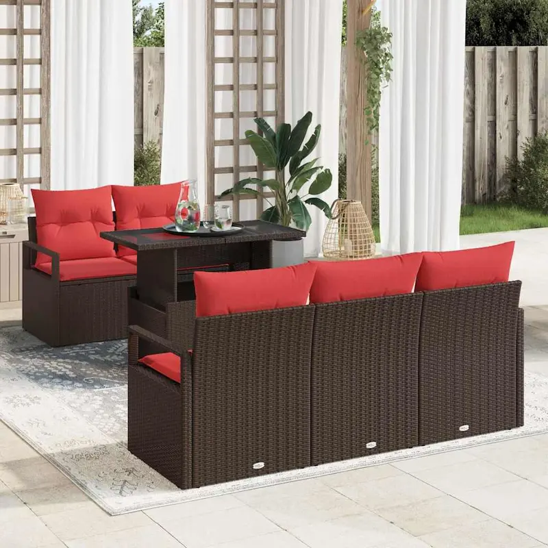 Conjunto de sofá de jardín 6 pcs Marrón y Rojo ratán sintético