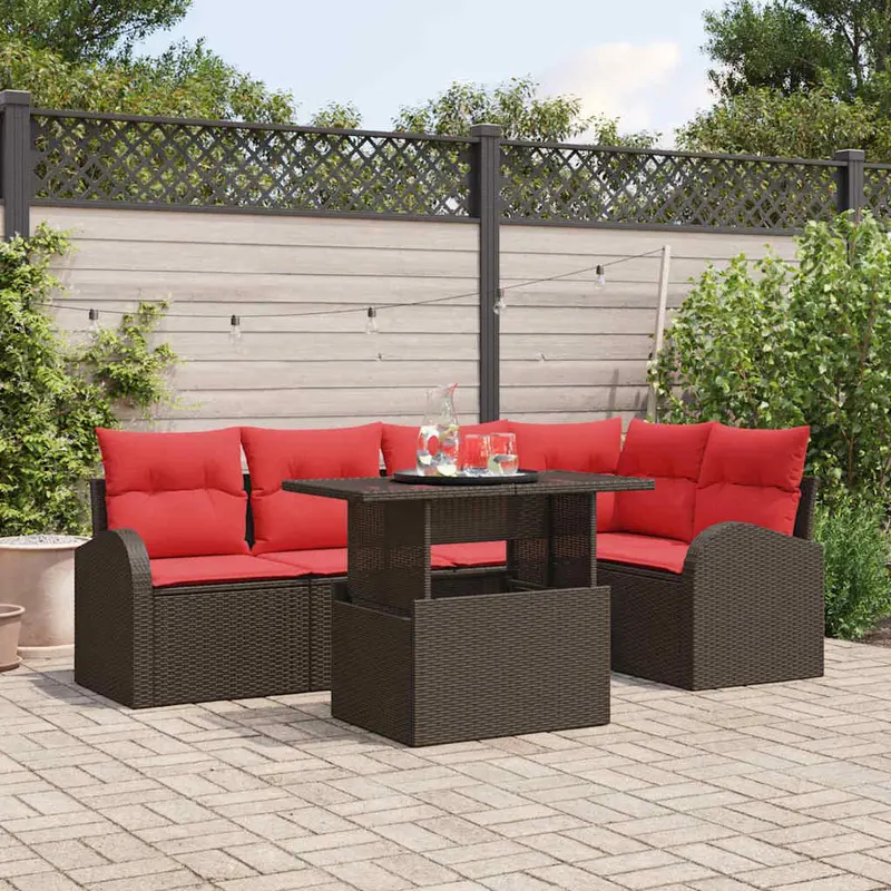 Conjunto de sofá de jardín 6 pcs Marrón y rojo ratán sintético