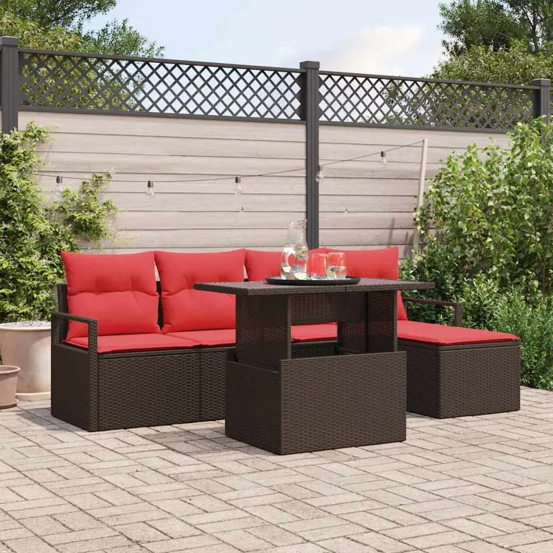 Conjunto de sofá de jardín 6 pcs Marrón y Rojo ratán sintético