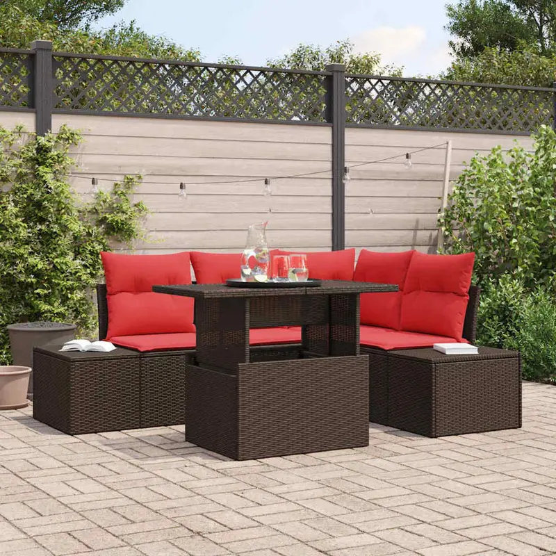 Conjunto de sofá de jardín 6 pcs Marrón y Rojo ratán sintético