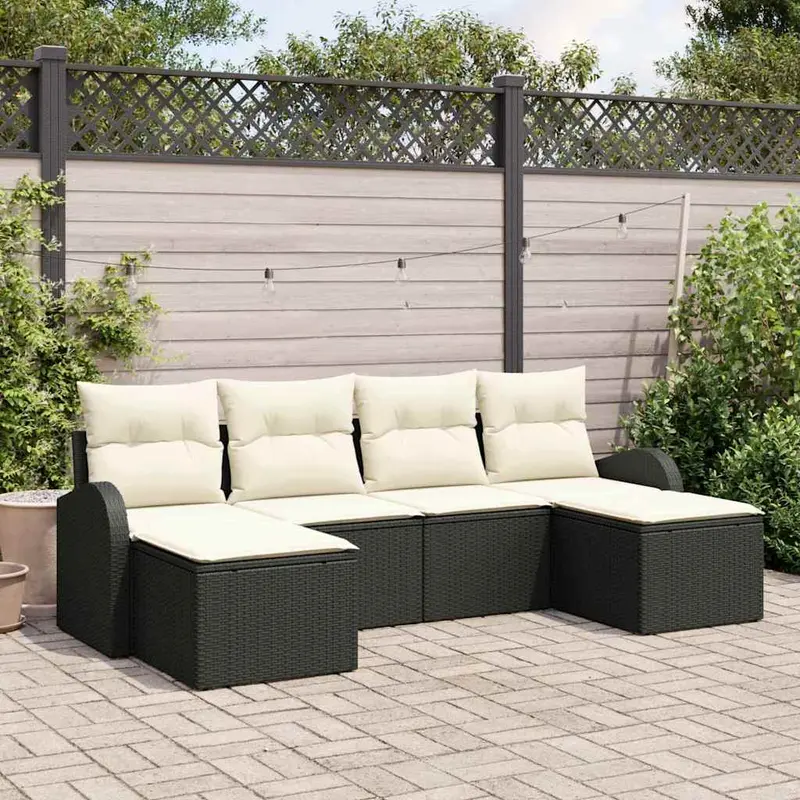 Conjunto de sofá de jardín 6 pcs Negro Rattan de Poliéster