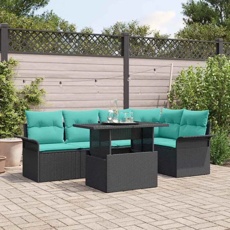 Conjunto de sofá de jardín 6 pcs Negro Rattan de Poliéster