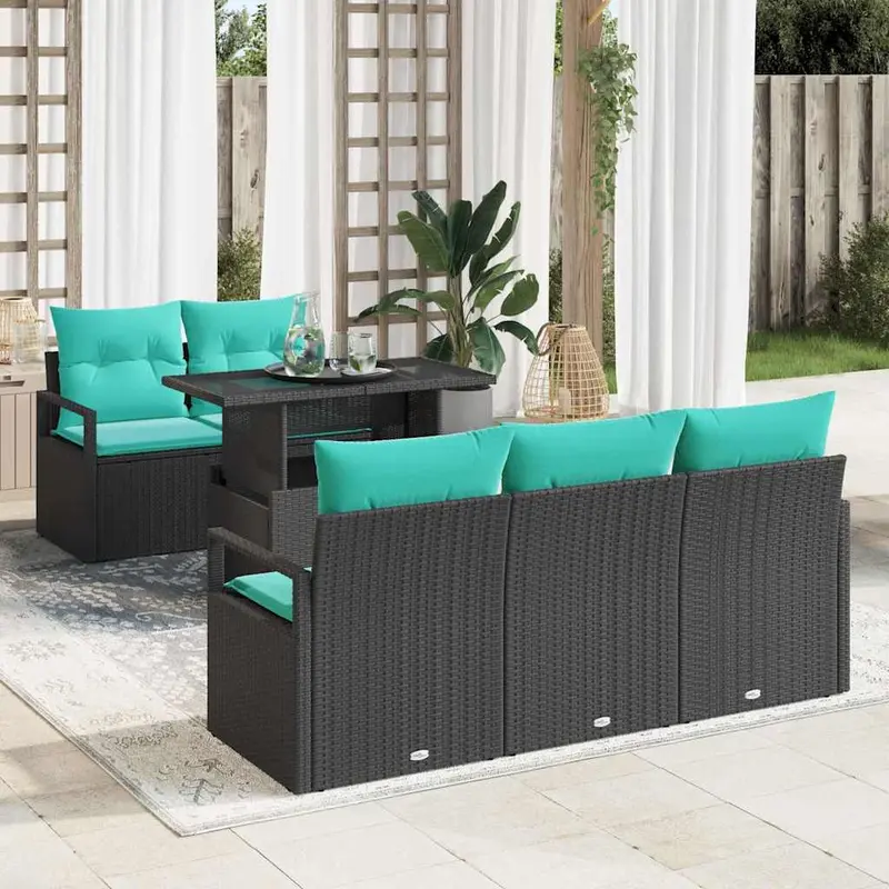 Conjunto de sofá de jardín 6 pcs Negro y azul ratán sintético