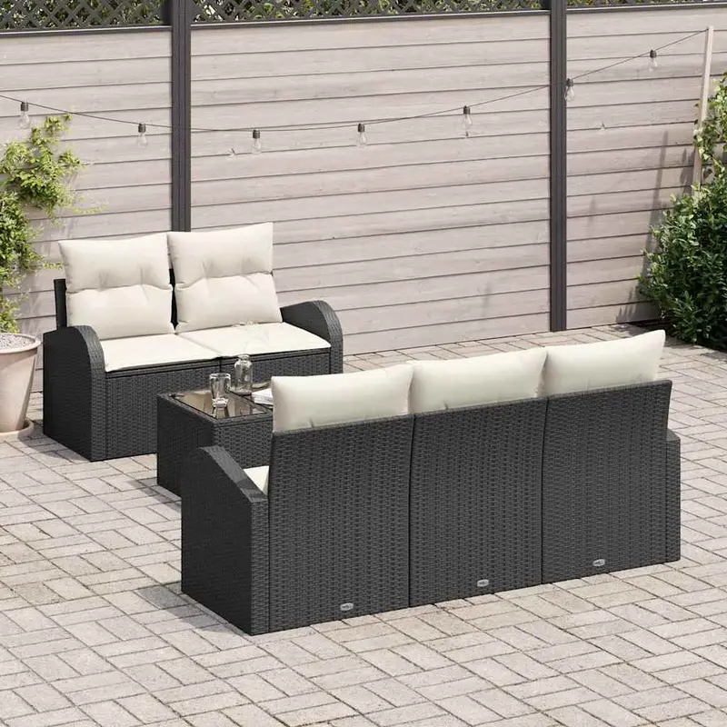 Conjunto de sofá de jardín 6 pcs Negro y crema ratán sintético