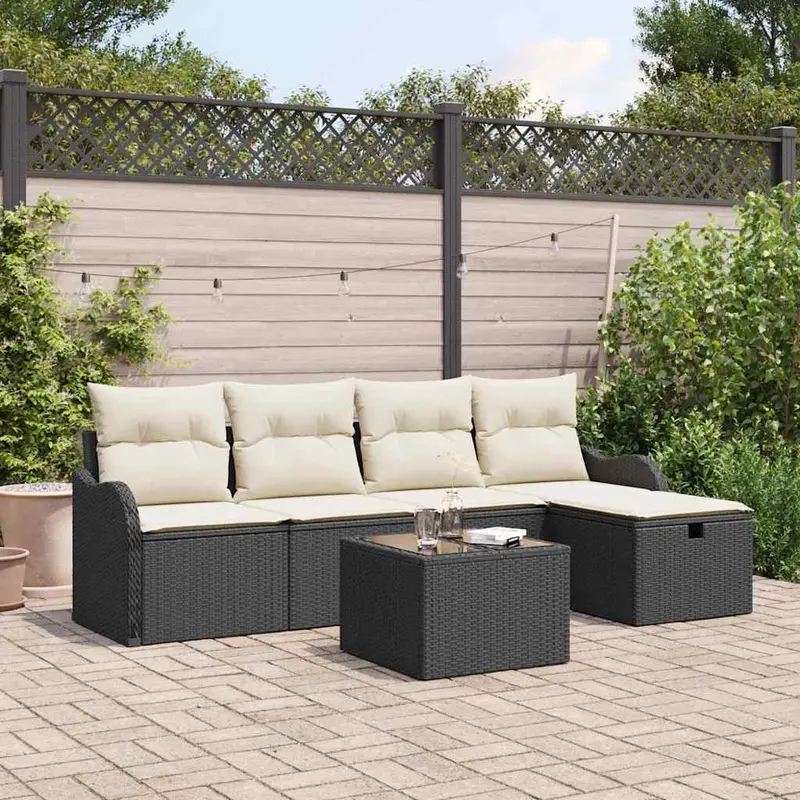Conjunto de sofá de jardín 6 pcs Negro y crema ratán sintético