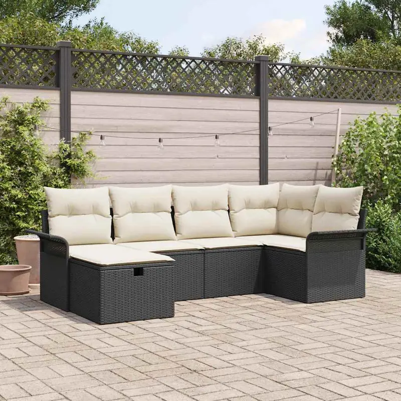 Conjunto de sofá de jardín 6 pcs Negro y crema ratán sintético