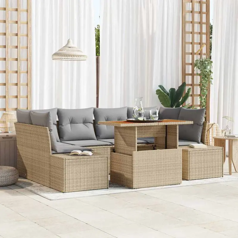 Conjunto de sofá de jardín 7 pcs Beige Poliratán