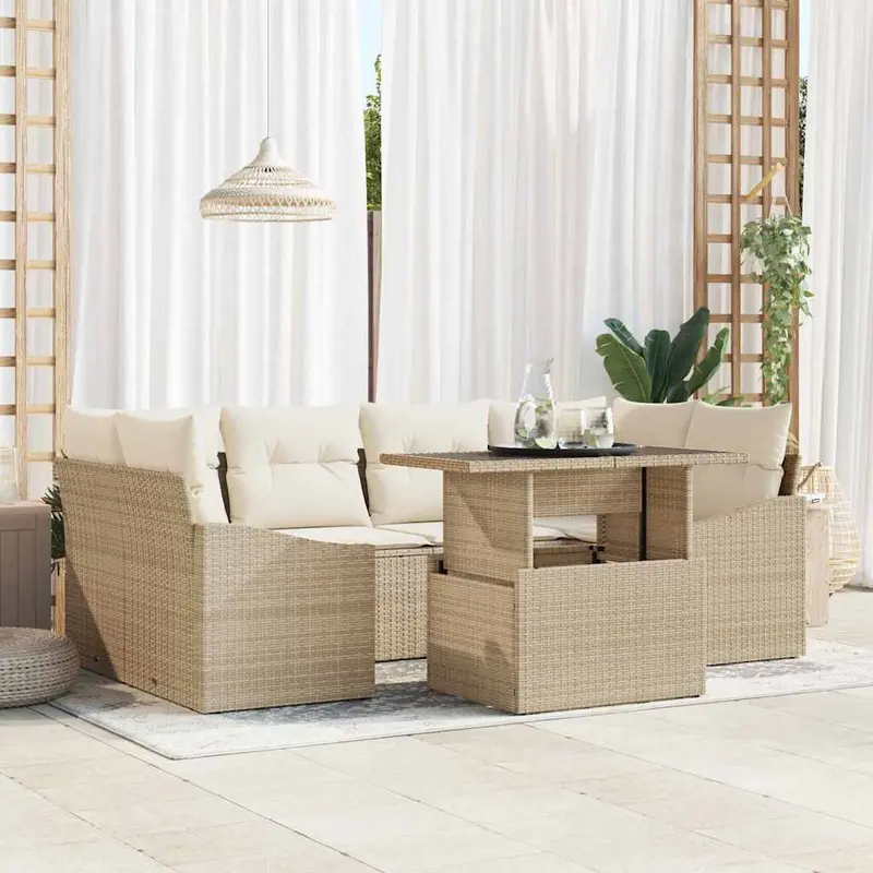 Conjunto de sofá de jardín 7 pcs Beige Poliratán